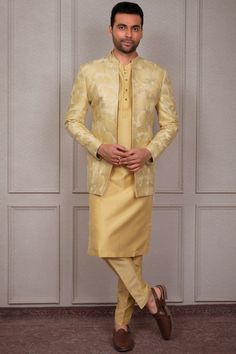 Display your style adorning this readymade yellow colored silk kurta and a thread embroidered silk long jacket in similar color. Accompanied by a matching colored silk pant. Men's Indian Style, Men's Wedding Outfit, Silk Pant, Silk Kurta, Yellow Silk, Kurta Pajama, Silk Pants, Long Jacket, Embroidered Jacket