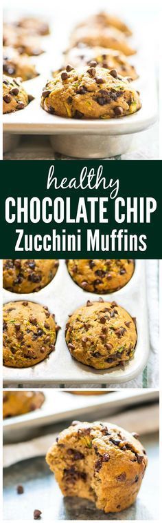 healthy chocolate chip zucchini muffins on a baking sheet with text overlay