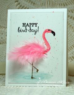 a card with a pink flamingo on it and the words happy bird day written in black