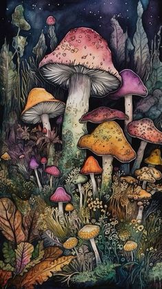 a painting of mushrooms in the woods