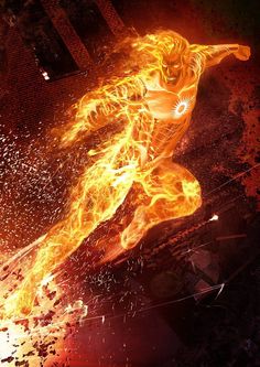 a man is running through the fire with his arms spread out and feet in the air