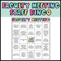 a poster with the words faculty meeting staff bingo on it, and an image of