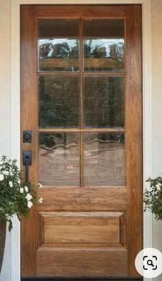 a wooden door with two potted plants next to it