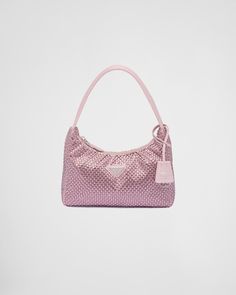 All-over synthetic crystals Zipper closure Enameled metal triangle logo Silk satin lining Pink Prada Bag, Prada Re Edition 2000, Prada Mini, Prada Re Edition, Prada Collection, Crystal Bags, Satin Bags, Pretty Bags, Triangle Logo