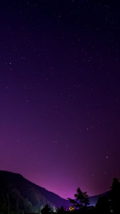 the night sky is lit up with stars and trees in front of a mountain range