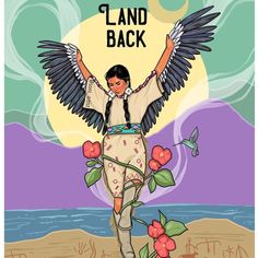 an illustration of a native american woman with her hands up in the air and wings outstretched