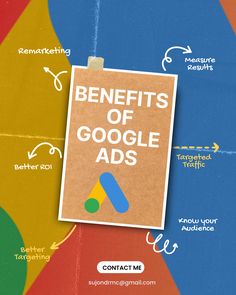 the benefits of google ads are shown on a colorful background with different colors and shapes