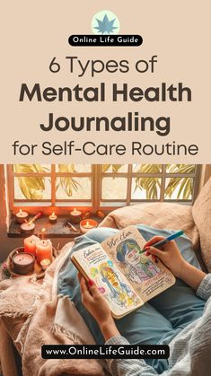 a person sitting on a couch with a book in their lap and the title 6 types of mental health journaling for self - care routine