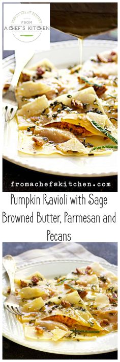 pumpkin ravioli with sage browned butter, parmesan and pecans