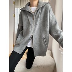 F00233871-100 Knitted Cardigan Sweater, Outfit Oversize, Vest Blouse, Cardigan Oversized, Collar Cardigan, Mode Design, Cardigan Sweater Jacket, Collars For Women, Grey Cardigan