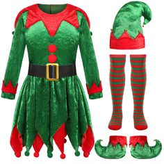 PRICES MAY VARY. 【Package Includes】 You will receive Girls Christmas Elf Costume Set: 1x Kids Elf Costume, 1x black Belt, 1x Elf Hat, 1x Stockings, 1 x Elf boot covers.Put on this elf outfit, your girl can go on a magical journey with Santa! 【Elf Design】The green of girls elf costume is full of Christmas spirit. Designed with small red and green pom-poms on the neckline and skirt tail, as well as two large red pom-poms on the chest.Your little girls will look like a lovely elf in the flowers whe Kids Elf Costume, Girl Elf Costume, Mermaid Costume Women, Santa's Helper Costume, Girl Unicorn Costume, Elf Suit, Dress And Stockings, Elf Outfit, Christmas Elf Costume