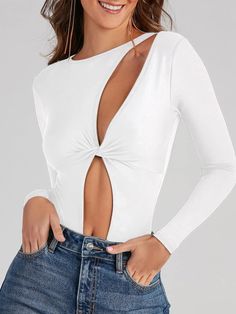 This white one piece bodysuit features a cut out design and long sleeves. The sleek and modern design creates a flattering silhouette and versatile styling options. Made with high-quality materials for comfort and durability. Perfect for adding a touch of sophistication to any outfit. This women's bodysuit is made of 88% Polyester, 12% Spandex, High quality stretch fabric,skin-friendly, soft, comfortable and stretchy for women and girls everyday wear. Size Chart XS = Dress 0-2, Bust, 31"-32.5", Waist 23"-24, Hip 31"- 34"Small = Dress 4-6, Bust,33"-35", Waist 25-26", Hips 35"-37"Medium = Dress 8-10, Bust 35-36" Waist 27-28", Hips 38-39"Large =Dress 12-14,Bust,38-40, Waist,29-31", Hips 40-42"14/16 - Bust 40"-42", Waist 33.5"-36", Hips 44"-46"18/20 - Bust 42"-44", Waist 37"- 40", Hips 47"-50" Fitted White Cutout Tops, Trendy White Long Sleeve Bodysuit, Cutout Bodysuit For Night Out, Fitted V-neck Cutout Bodysuit, Trendy White V-neck Bodysuit, White Cutout Bodysuit For Spring, Spring White Cutout Bodysuit, Cutout Long Sleeve Stretch Bodysuit, Stretch Cutout Long Sleeve Bodysuit