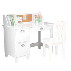 a white desk with two drawers and a chair in front of it on a white background