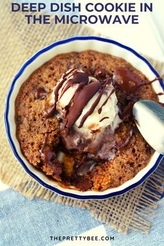 deep dish cookie in the microwave with ice cream and chocolate