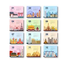 a set of twelve calendars with different cities and buildings in the style of flat design