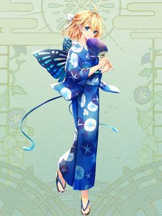 a woman in a blue kimono holding a purple bird on her arm and wearing sandals