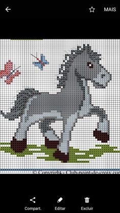 a cross stitch pattern with a horse and butterflies in the background on a phone screen