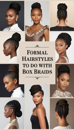 Discover chic and versatile formal hairstyles to do with box braids, perfect for any special occasion. From elegant updos to sleek ponytails and intricate braided buns, these stunning styles elevate your look while highlighting the beauty of box braids. Whether you're attending a wedding, corporate event, or a night out, find the perfect inspiration for polished, sophisticated hairstyles that are easy to recreate. Explore this collection for timeless and trendy looks tailored for formal settings, designed to make you stand out with style and grace Updos For Formal, Hairstyles For 4c Hair, Braided Buns, Sophisticated Hairstyles, Elegant Updos, Box Braid, Braided Bun, 4c Hair, Elegant Updo