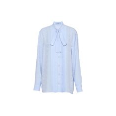 Prada crepe de chine blouse with Savoia logo and pleated bib High neckline; button front Long sleeves; button cuffs Straight fit Silk Dry clean Made in Italy Neck Scarves, High Neckline, Prada, Tops Designs, In Italy, Dry Clean, Long Sleeves, Italy, Silk