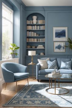 a living room with blue walls and furniture