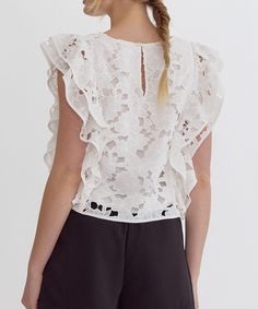 This pretty lace floral top features a square neckline and ruffle detail at the sides. The perfect summer top to dress up or down, the white eyelet is easy to style and so chic. 100% polyester Lined, woven, non-sheer, lightweight Button closure at back Model is wearing a size small and is 5'10" FINAL SALE - CANNOT BE RETURNED OR EXCHANGED Eyelet Lace Top, Floral Lace Tops, White Eyelet, Eyelet Lace, Floral Top, Clothes Gift, Summer Top, Square Neckline, Perfect Summer