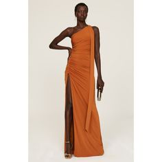 Orange jersey (94% Polyester, 6% Spandex). Sheath. Sleeveless. Asymmetric. Side zipper closure. See size and fit notes for length measurements. Imported. Elastane Sleeveless One Shoulder Evening Dress, Sleeveless Elastane One-shoulder Evening Dress, One Shoulder Sleeveless Elastane Dress For Evening, Sleeveless One Shoulder Elastane Evening Dress, One Shoulder Sleeveless Dress For Evening, Elastane, Asymmetrical One Shoulder Fitted Dress With Side Zipper, Orange Gown, Orange Jersey, Rent The Runway