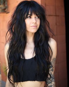 Shag Haircut With Extensions, Long Black Shag Haircut, Long Emo Hair Choppy Layers, Long Hair Shaggy Bangs, Shag Extensions, Beach Hair With Bangs, Dark Edgy Hair, Scene Haircuts Long, Bangs With Shag