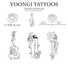 an image of tattoo designs with the words yongi tattoos on it and flowers