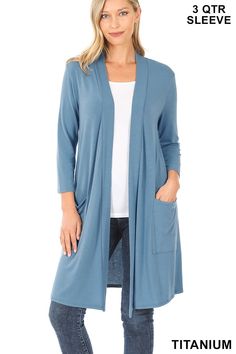 "3/4 SLEEVE SLOUCHY POCKET OPEN CARDIGAN TOTAL BODY LENGTH: 31\", BUST: 35\" approx. - MEASURED FROM SMALL Available in titanium blue and rose ** COLOR MAY VARY SLIGHTLY DUE TO MONITOR RESOLUTION POLYESTER 57%, RAYON 38%, SPANDEX 5%" Spring Cardigan, Hippie Designs, Slouchy Cardigan, Spring Cardigans, Soft Cardigan, Blue Cardigan, Open Cardigan, Open Front Cardigan, Long Cardigan