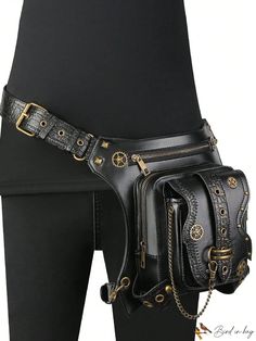 BirdinBag - Studded Messenger Bag: Retro Punk Motorcycle Chain Belt Phone Pouch for Outdoor Use Punk Crossbody Travel Bags, Steampunk Style Black Belt Bag For Everyday Use, Leg Bag Pattern, Steampunk Bags, Punk Motorcycle, Steampunk Bag, Custom Leather Jackets, Cowgirl Outfit, Buckle Bag