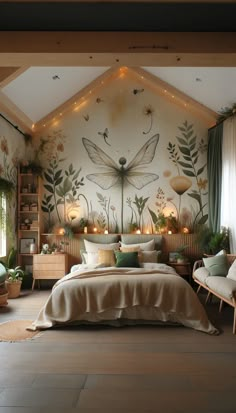 a bedroom with a large mural on the wall and lots of lights around it,