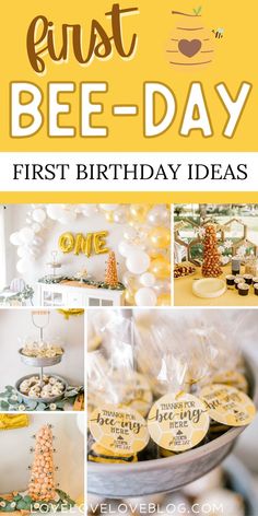 Collage of first bee-day party first birthday ideas. First Bee Day Party, Bee Day Party, 1 Year Birthday Party Ideas, Bee Birthday Theme, First Bee Day, Birthday Cake Cookies, First Birthday Party Ideas, Wild One Party