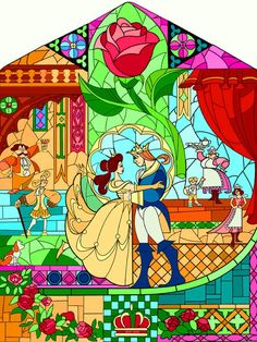 a stained glass window with an image of a man and woman dancing in front of a rose