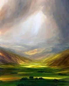 an abstract painting of green and yellow hills