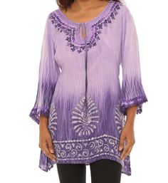 Women's Boho Embroidered Tie-dye 3/4 Sleeves Tunic Top, Plus Size Tunic Top Blouse, Casual Spring Fall Summer Wear, Women Everyday Clothing - Etsy Bohemian Spring Tops With 3/4 Sleeves, Purple Long Sleeve Spring Tunic, Purple Long Sleeve Tunic For Spring, Summer Festival Blouse With 3/4 Sleeves, Bohemian Blouse With 3/4 Sleeves For Summer, Bohemian Embroidered Blouse With 3/4 Sleeves, Purple Bohemian Blouse For Spring, Bohemian Purple Blouse For Spring, Festival Long Sleeve Rayon Tops