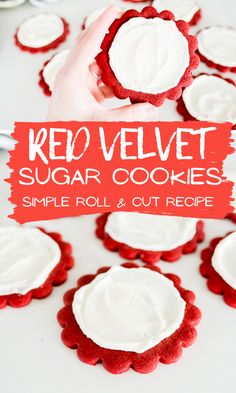 red velvet sugar cookies with white frosting on top and the title overlay reads, red velvet sugar cookies simple roll out recipe