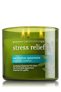 Bath & Body Works, Aromatherapy Stress Relief 3-Wick Scented Candle, Eucalyptus Spearmint. Exclusive blend of vegetable wax and wicks that won't burn out #essentials #candle #home #interior Candle Obsession, Bath & Body Works, Spearmint Essential Oil, Aroma Therapy, Bath Candles, Essential Oil Candles, Bath And Body Care, Small Candles, 3 Wick Candles