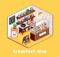 the breakfast shop is filled with food and drinks