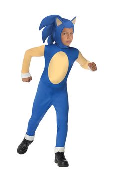 a young boy in a blue sonic costume