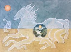 a painting of a horse and other animals in the desert with an orange sun behind it