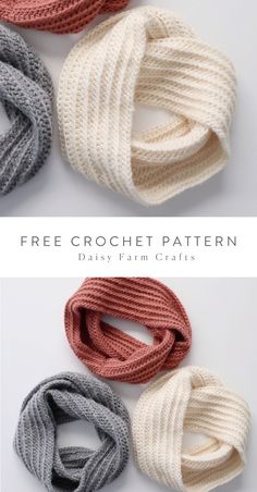 three different knitted scarves with the text free crochet pattern