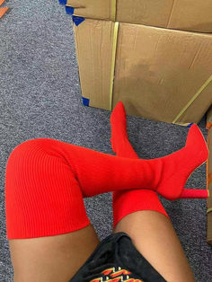 DETAILS Sock boots Pointed toe Pull-on High heel Red High Heel Boots, Knee High Boots Winter, Heel Stretch, Popular Boots, Knee High Heels, Red High Heels, High Heel Boots Knee, Knit Boots, Pointed Toe Boots