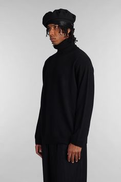 Knitwear in black wool, high collar, long sleeves, back print, ribbed cuffs and bottom, 100% wool, Made in Japan, Model is 1. 83 and wears size 3 John Lobb, Scarf Tying, Yohji Yamamoto, Engineered Garments, Black Wool, High Collar, Made In Japan, Sweater Outfits, Shoe Laces