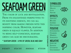 a green poster with the words seafoam green in black and white on it