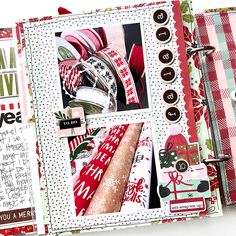 an open scrapbook with christmas themed pages