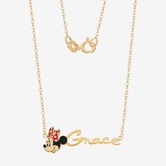 This personalized girl's necklace is given a fun, whimsical touch with the addition of your favorite cartoon character, Minnie Mouse. The nameplate shines in polished 14K yellow gold over sterling silver, while Minnie Mouse is red, black and white enamel, lending the perfect pop of color.Material: Red, black and white enamelLength: 18" cable chain with 2" extenderDimensions: .46"Features: Personalized, MonogrammableJewelry Closure: Spring Ring ClaspLink Construction: SemisolidMetal Color: Yellow Mouse Necklace, Name Necklaces, Favorite Cartoon Character, Girls Necklaces, White Enamel, Cartoon Character, Name Plate, Name Necklace, Cable Chain