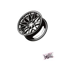 a black and white drawing of a car wheel