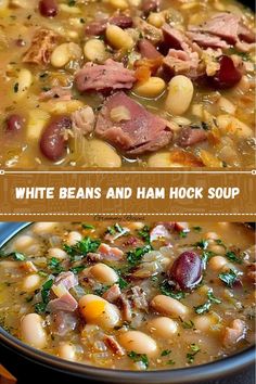 white beans and ham hock soup in a pot with the title overlaying