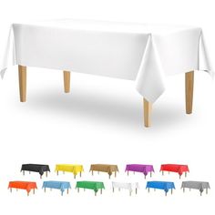 an image of a white table cloth with wooden legs and color options for the table