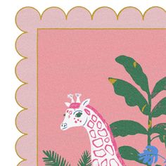 a giraffe standing next to a plant on a pink background with scalloped edges